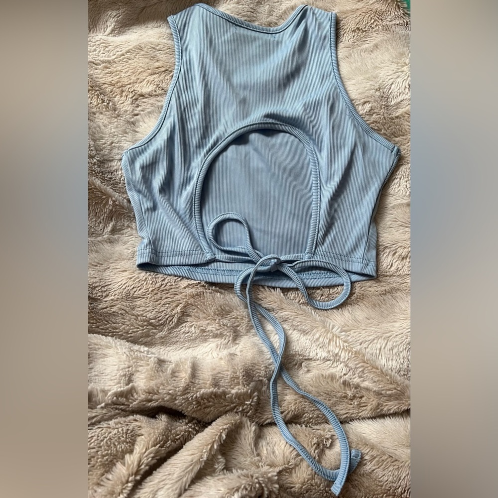 Light blue crop top, tie back
